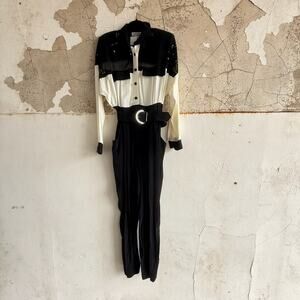 Vintage Jumpsuit Western Sequined Belted Black White 90s Rodeo Glam Womens M